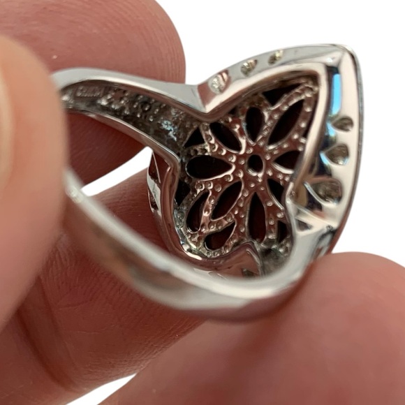 STERLING SILVER 925 TEARDROP FLOWER RED MAROON REMOVABLE CABOCHON RING SIZE 8.5 - Picture 2 of 10